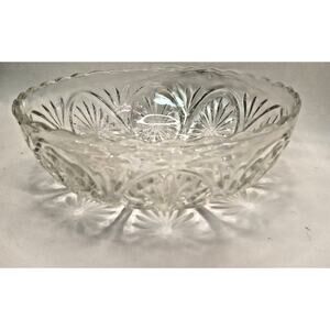 Retro Etched Serving Bowl Clear Cut Glass Decorative Vegetable Salad Fruit VTG